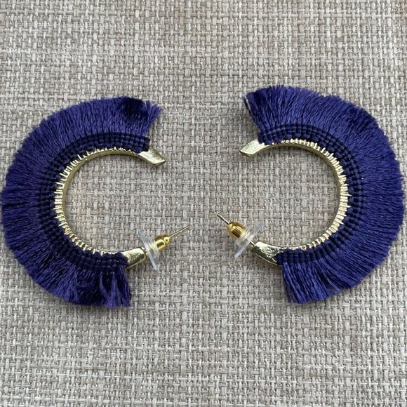AREA Jewelry Earrings Gold Tone hoops Post Purple Fringe Fabric - Picture 9 of 12
